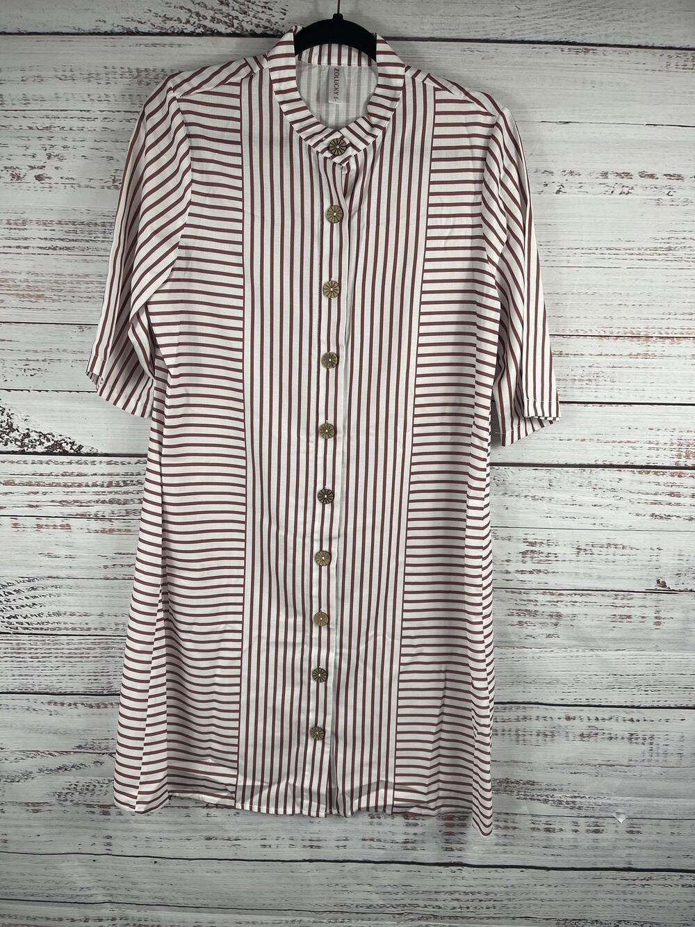 Zolucky Women's Size Large White Red Striped Button Front Long Tunic Dress